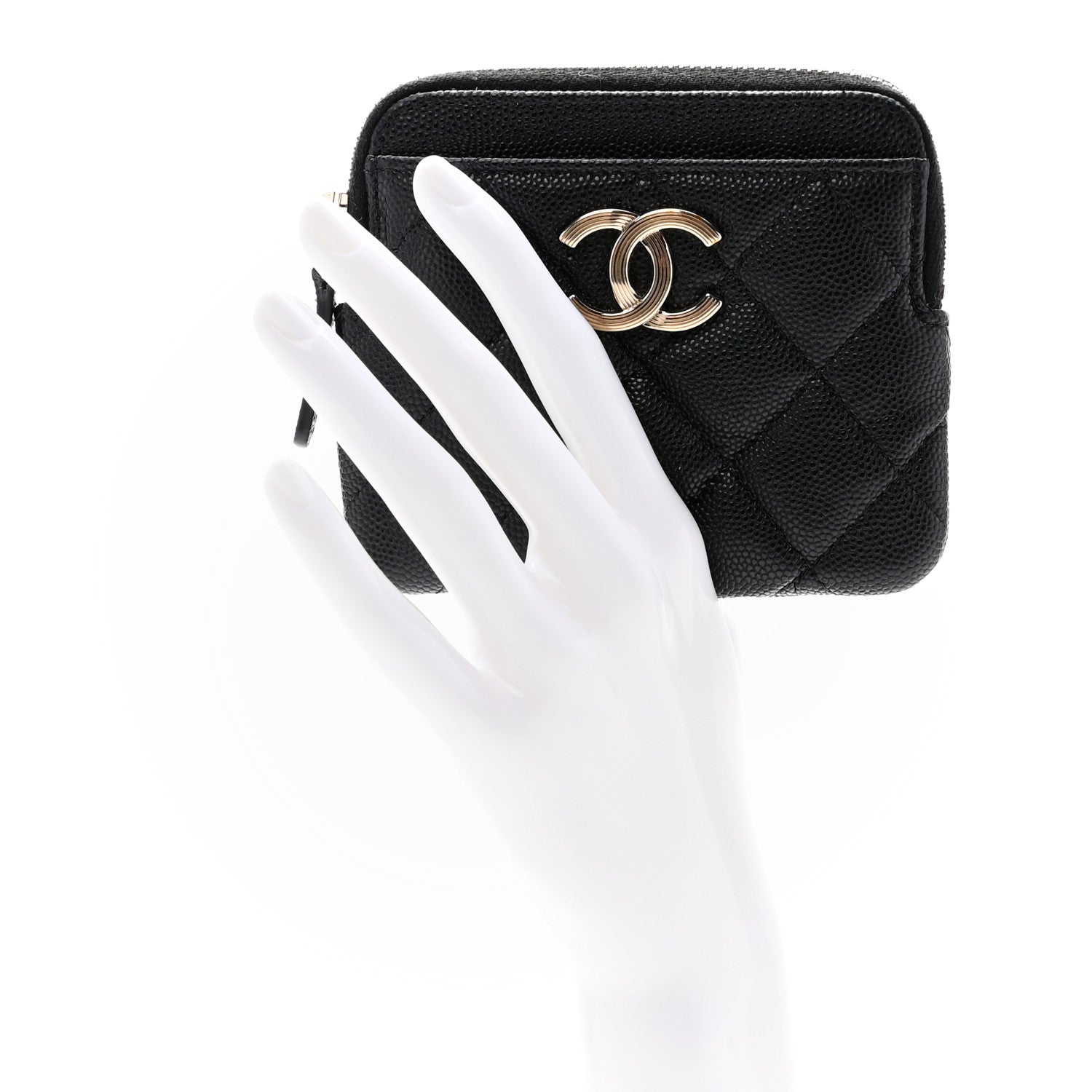 Chanel Caviar Metal Quilted Striated Zip Card Holder Wallet Black 2 of 7