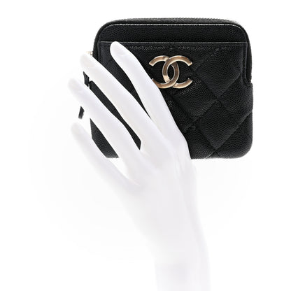Chanel Caviar Metal Quilted Striated Zip Card Holder Wallet Black 2 of 7