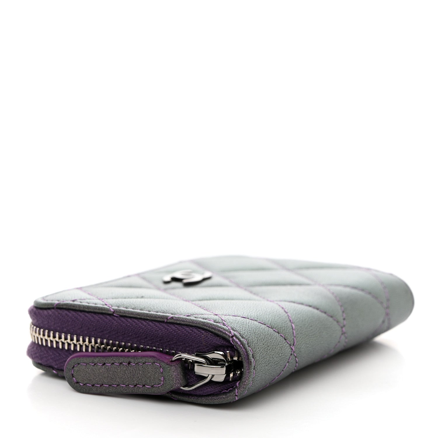 Chanel Metallic Lambskin Quilted Zip Around Coin Purse Wallet Dark Purple 4 of 7