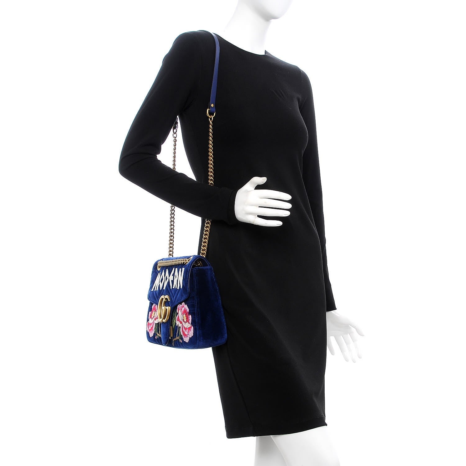 Gucci Velvet Matelasse Modern Embroidered Medium GG Marmont Shoulder Bag Cobalt 2 of 8