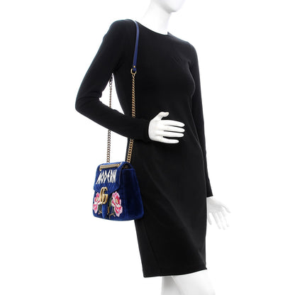 Gucci Velvet Matelasse Modern Embroidered Medium GG Marmont Shoulder Bag Cobalt 2 of 8