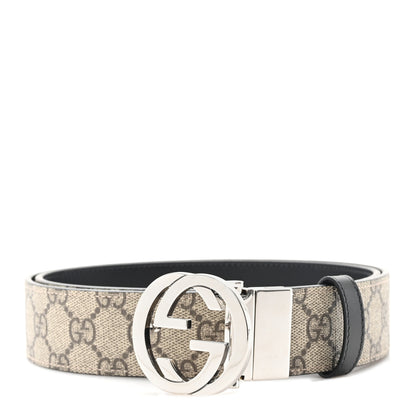 Gucci GG Supreme Monogram Selleria Calfskin Interlocking G Reversible 37mm Belt 90 36 Beige Ebony Black 1 of 4
