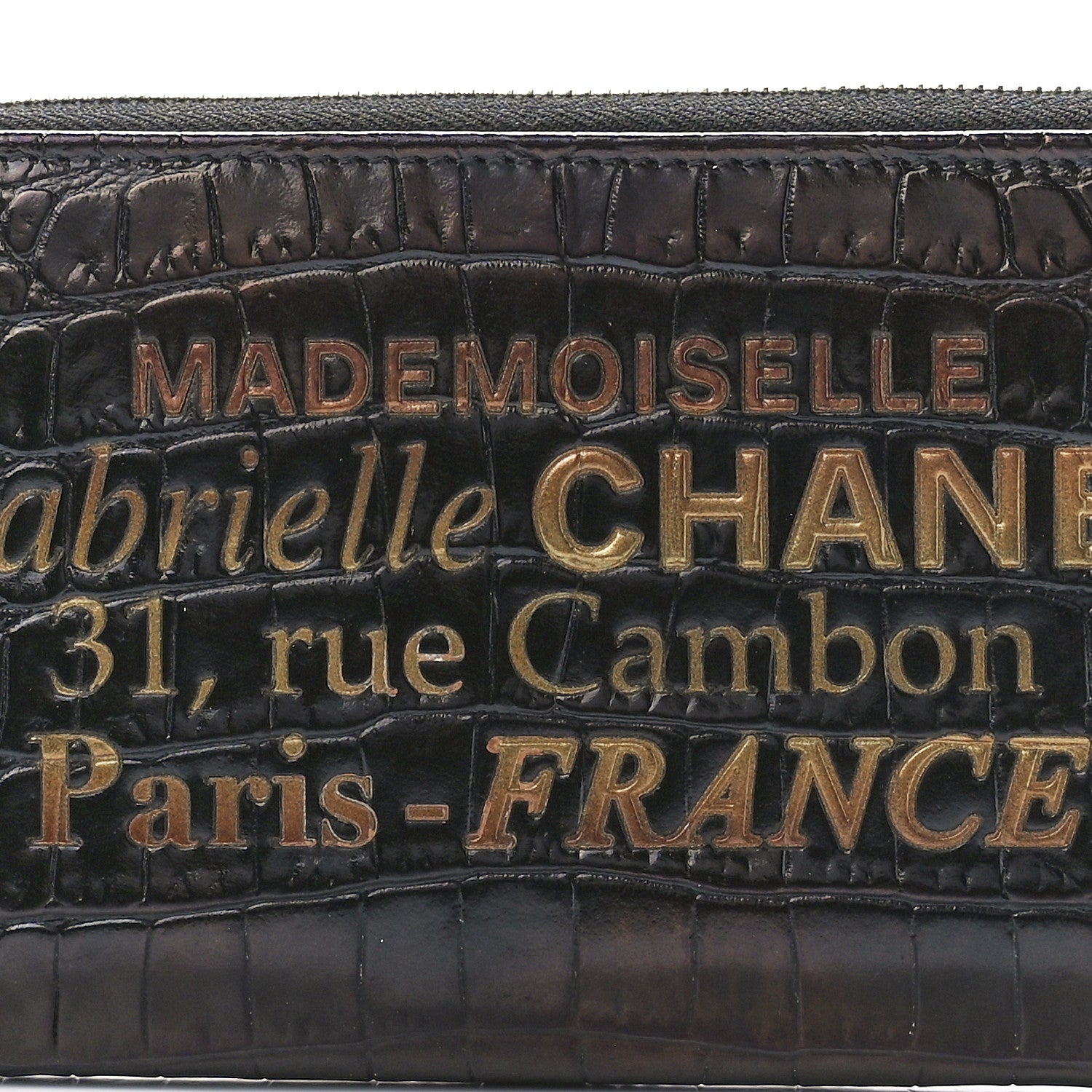 Chanel Calfskin Crocodile Embossed Mademoiselle Gabrielle Zip Wallet Black Gold 9 of 12