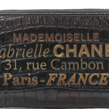 Chanel Calfskin Crocodile Embossed Mademoiselle Gabrielle Zip Wallet Black Gold 9 of 12