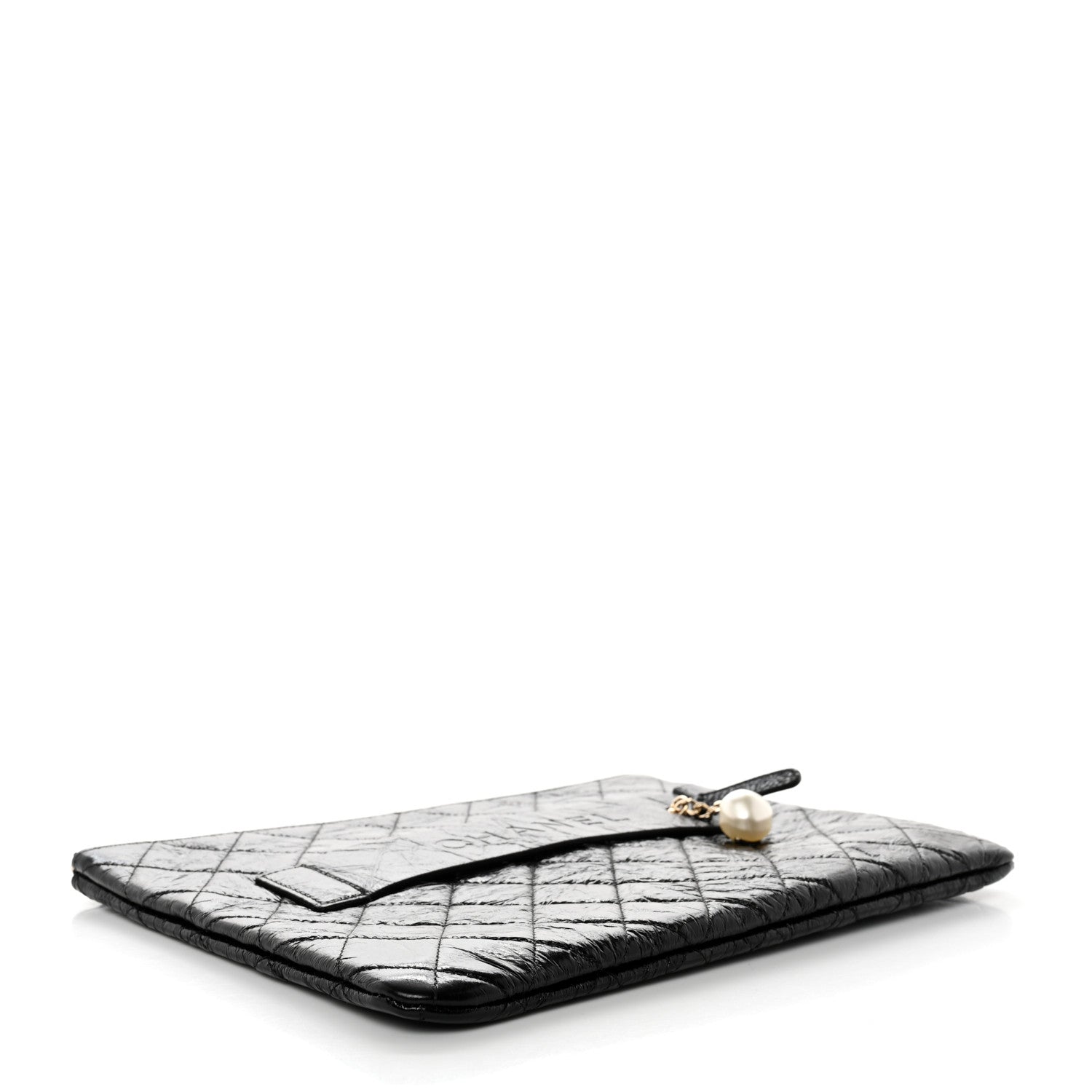 Chanel Shiny Crumpled Calfskin Quilted Medium Night by the C Pouch Clutch Black 4 of 8