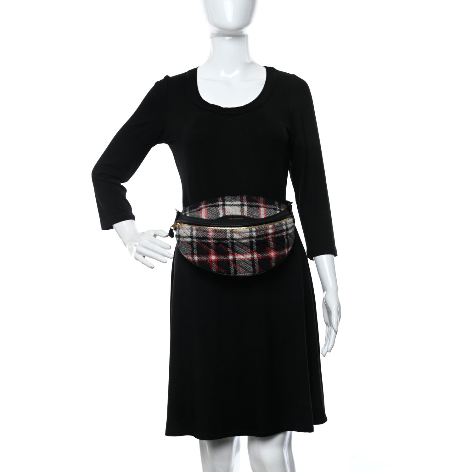 Balenciaga Wool Plaid Diagonal Allover Logo Matelasse XS Souvenir Belt Bag Black White Red 2 of 12