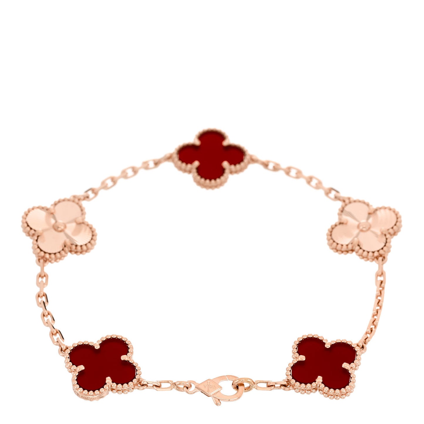 18K Rose Gold Carnelian 5 Motifs Guilloche Vintage Alhambra Bracelet