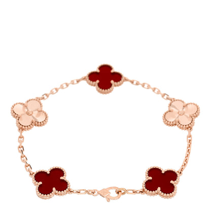 Van Cleef & Arpels 18K Rose Gold Carnelian 5 Motifs Guilloche Vintage Alhambra Bracelet 2 of 5