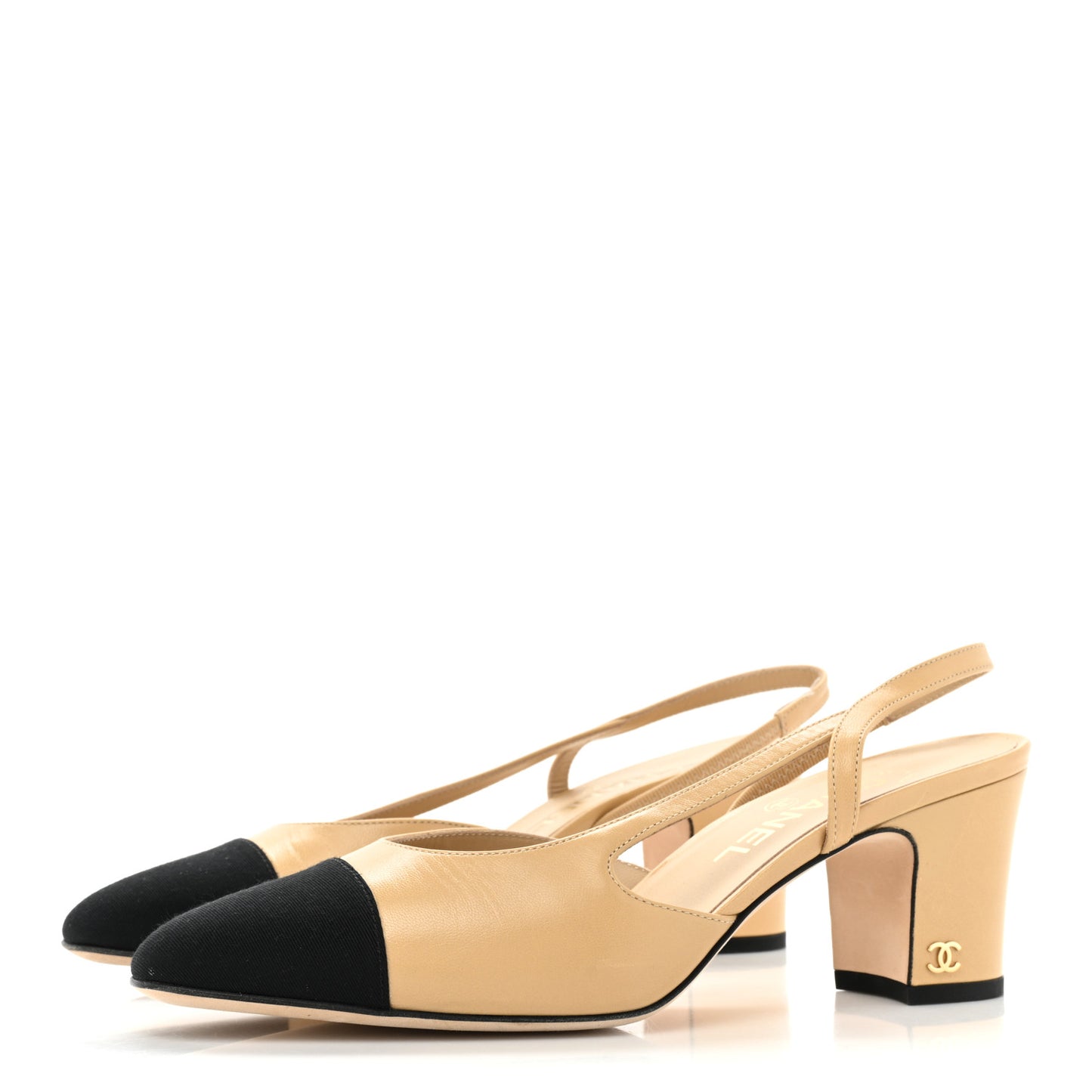 Goatskin Grosgrain Cap Toe CC Slingback Pumps 38 Beige Black