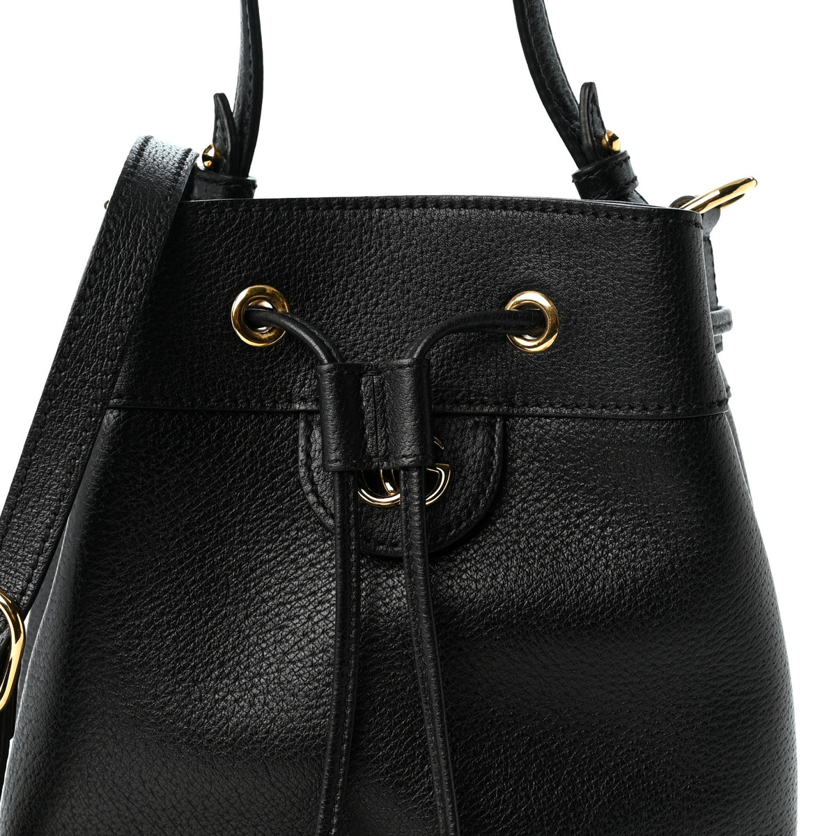 Glazed Textured Calfskin Web Small Ophidia Bucket Bag Black