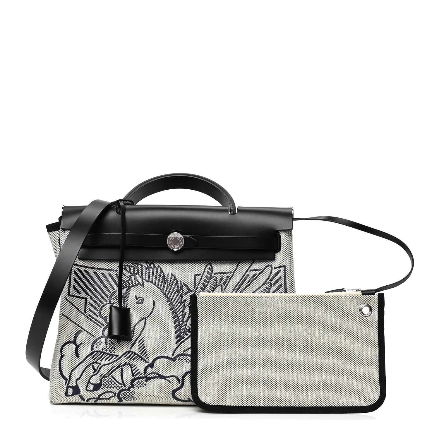 Hermes Vache Hunter Toile H Pegase Pop Herbag Zip Retourne 31 PM Bleu Indigo Ecru Black 1 of 4