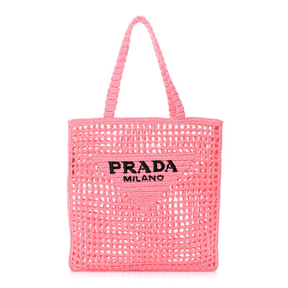 Prada Yarn Raffia Effect Crochet Logo Embroidered Tote Bag Petalo 1 of 9