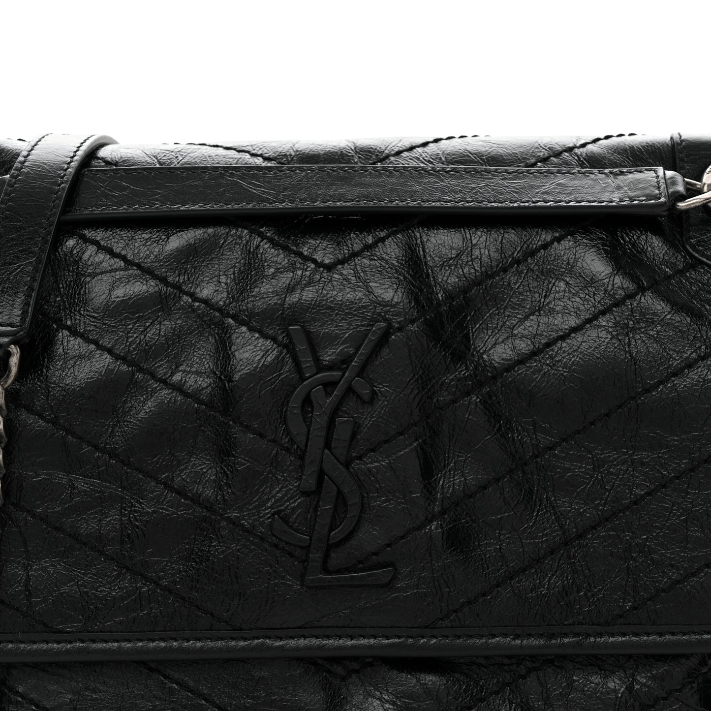 Crinkled Calfskin Matelasse Monogram Medium Niki Chain Satchel Black
