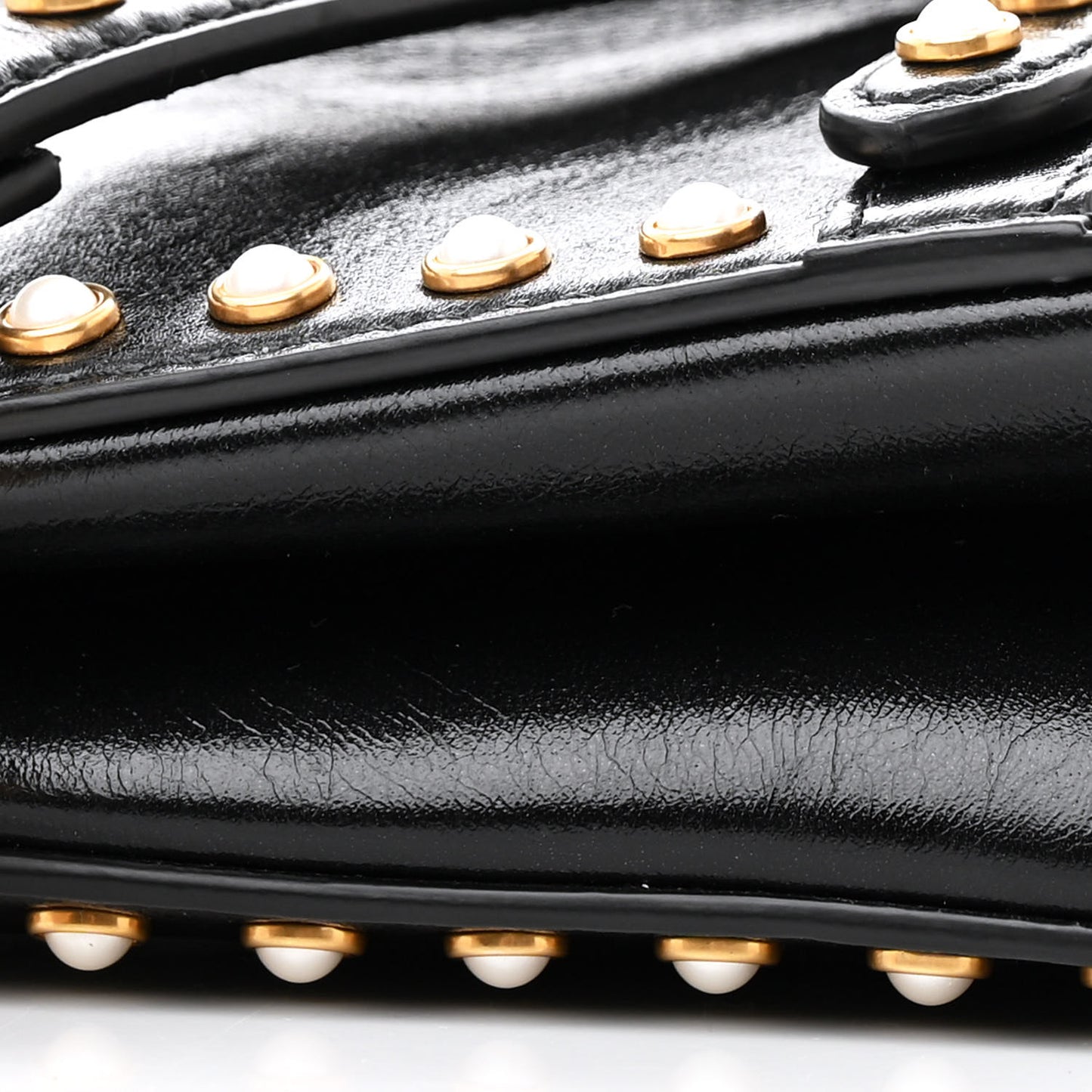 Crinkled Patent Lambskin Studded Saddle Bag With Strap Black