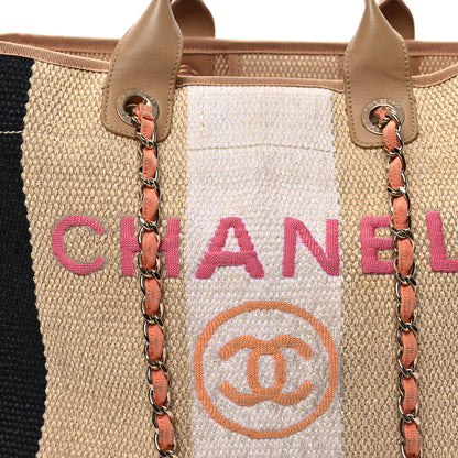 Chanel Straw Raffia Calfskin Striped Large Deauville Tote Black Beige Ivory 8 of 14