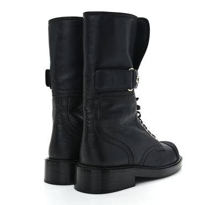 Chanel Shiny Calfskin Lace Up Combat Boots 38 Black 4 of 8