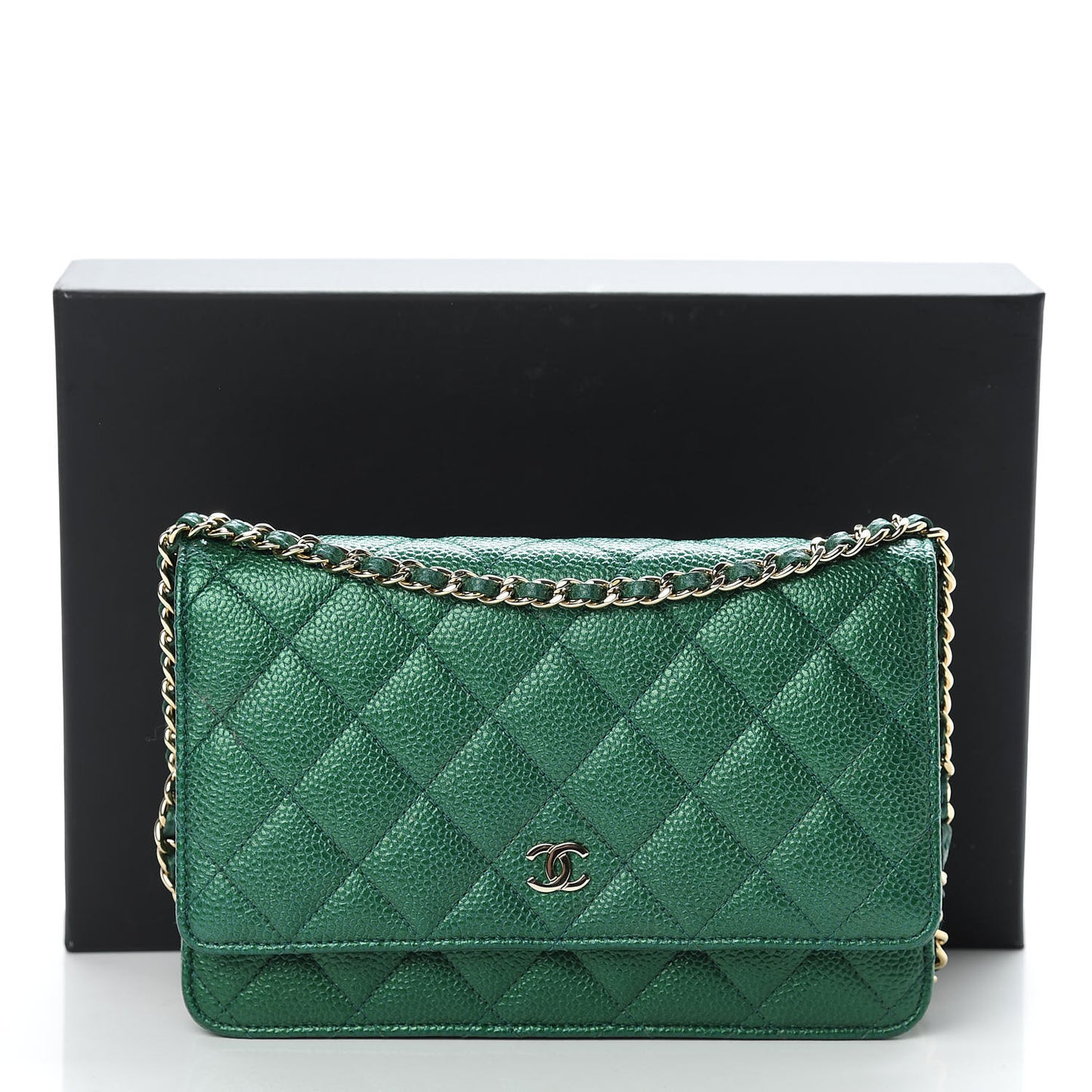 Metallic Caviar Quilted Wallet On Chain WOC Green