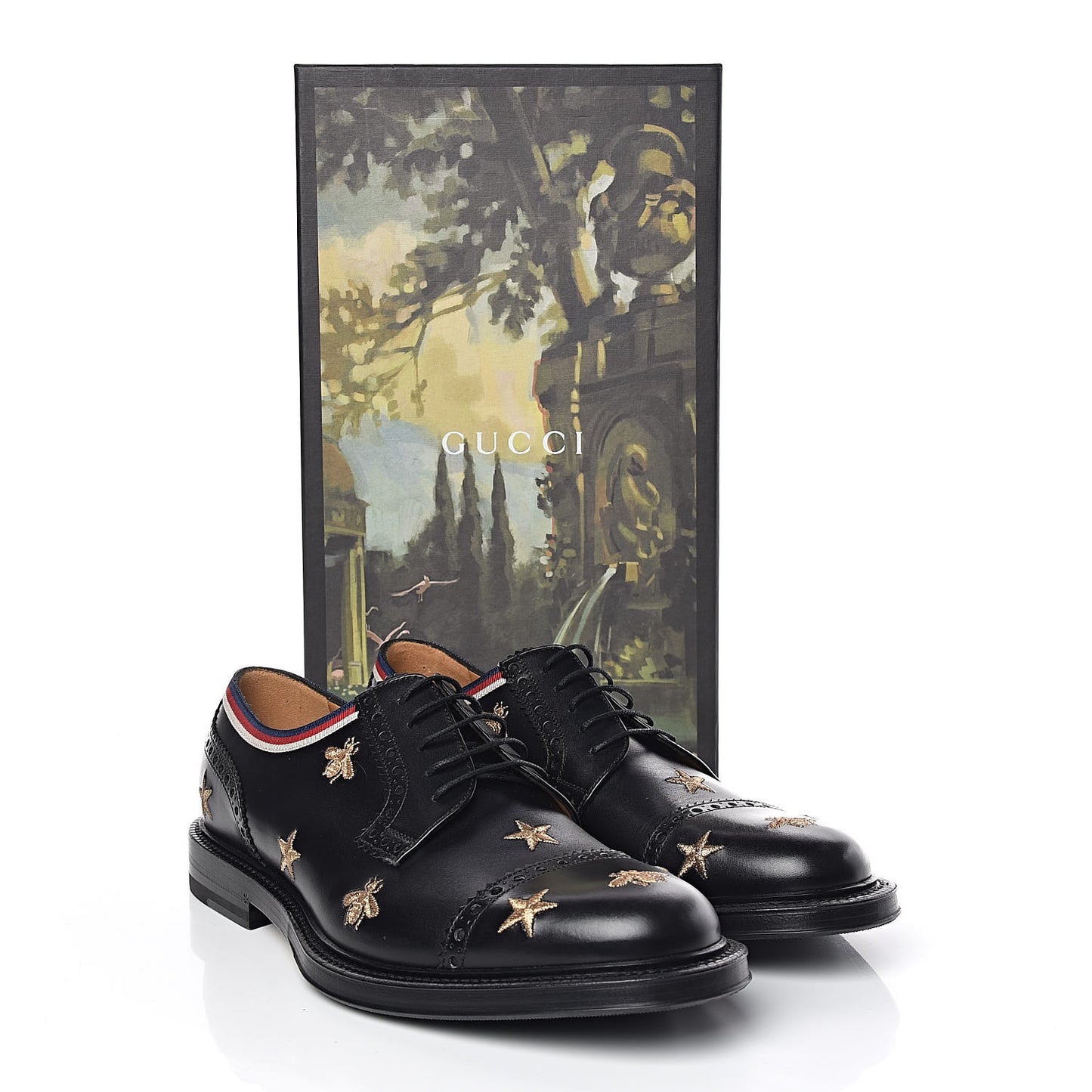 Calfskin Bee Star Embroidered Mens Captoe Derby Loafers 9 Black