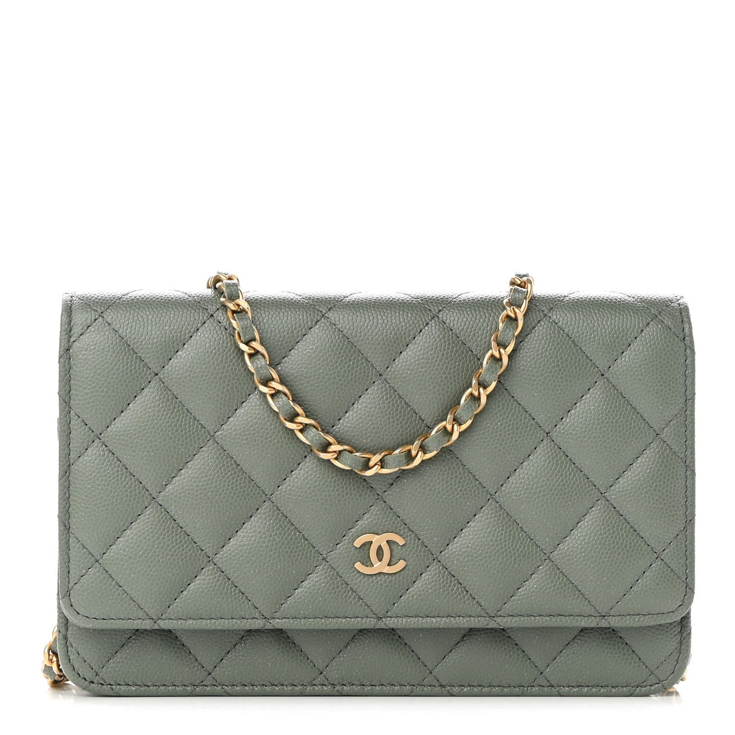 Iridescent Caviar Quilted Wallet On Chain WOC Green