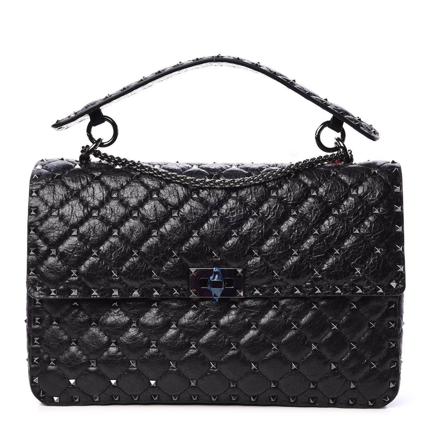 Craquele Nappa Large Rockstud Spike Shoulder Bag Black