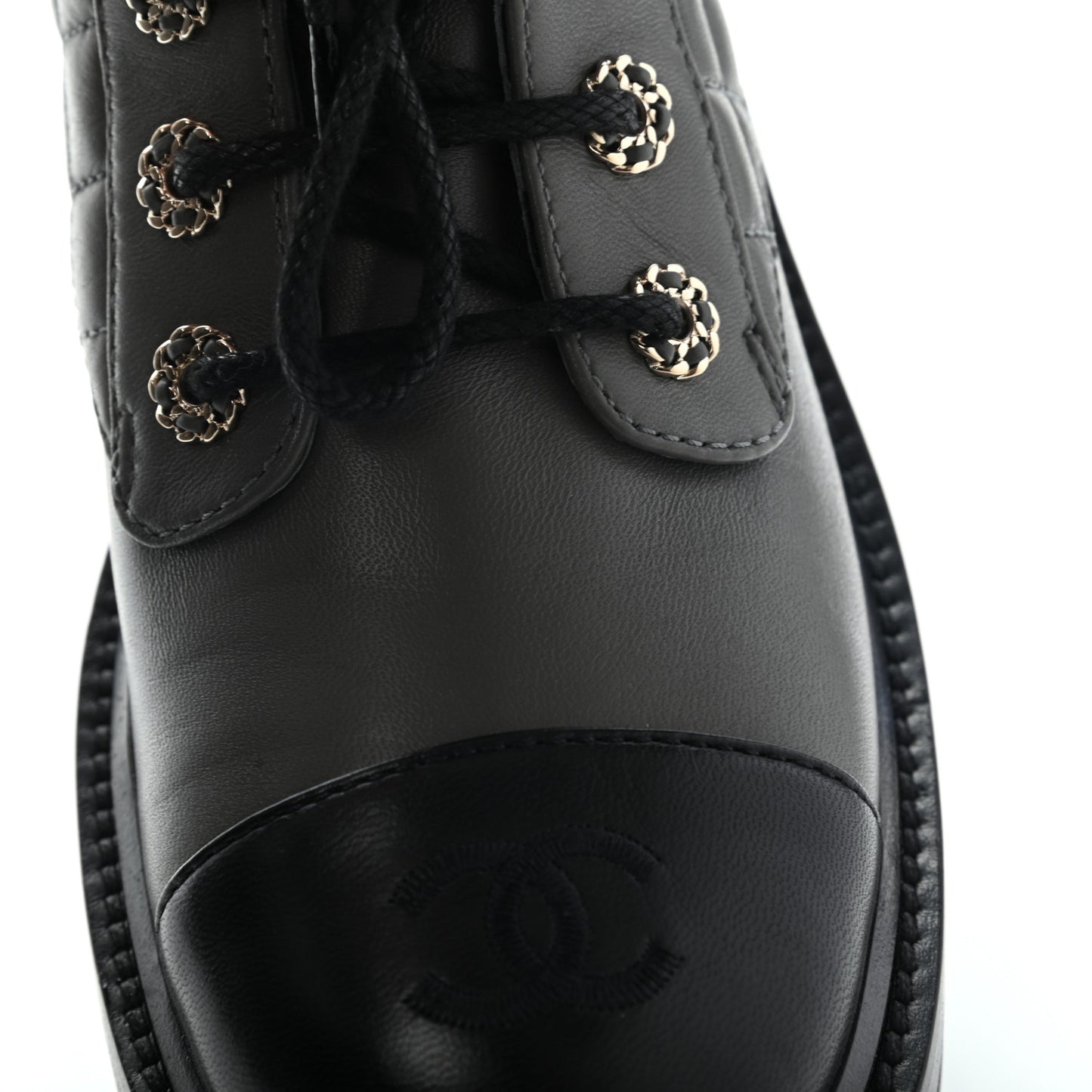 Shiny Lambskin Quilted Lace Up Combat Boots 38 Grey Black