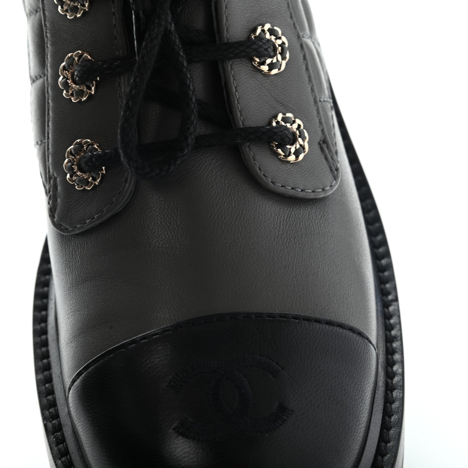 Chanel Shiny Lambskin Quilted Lace Up Combat Boots 38 Grey Black 10 of 11