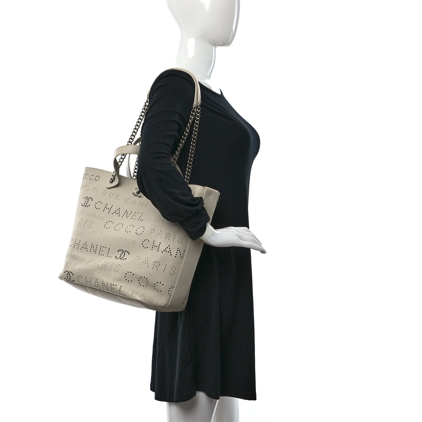 Calfskin Tweed Small Logo Eyelets Shopping Tote Beige