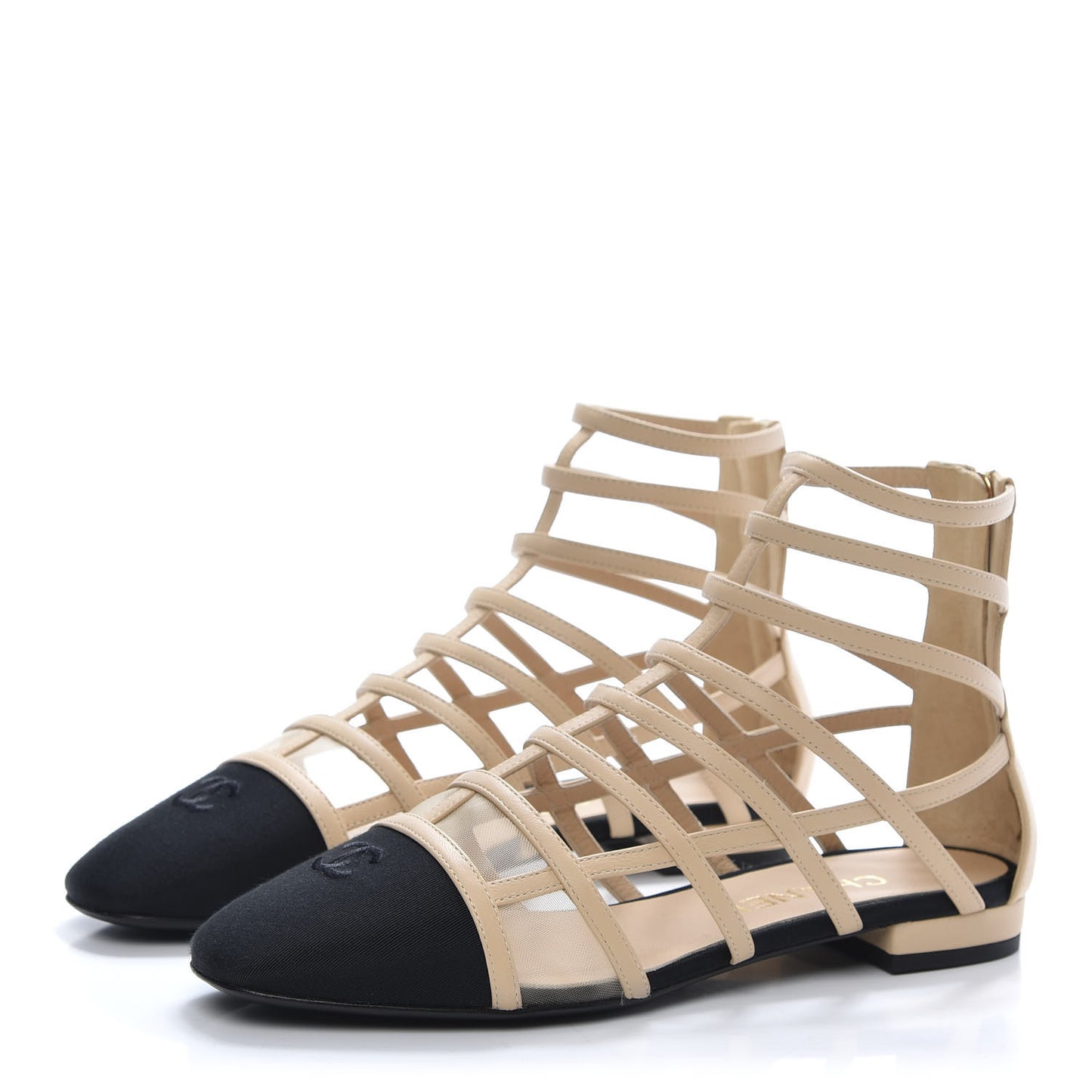 Goatskin Grosgrain Cap Toe CC Gladiator Sandals 37.5 Beige Black