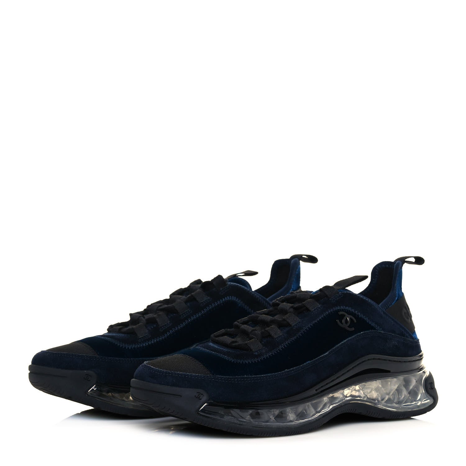 Chanel Suede Calfskin Velvet Grosgrain CC Sneakers 39.5 Navy Blue Black 3 of 9