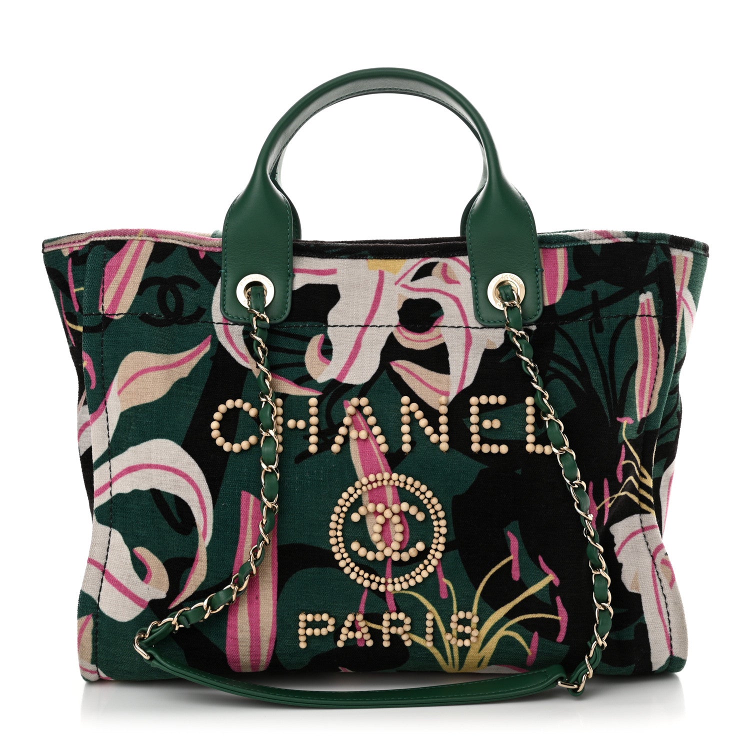 Chanel Velvet Calfskin Beaded Small Deauville Tote Pink Green Black 1 of 13