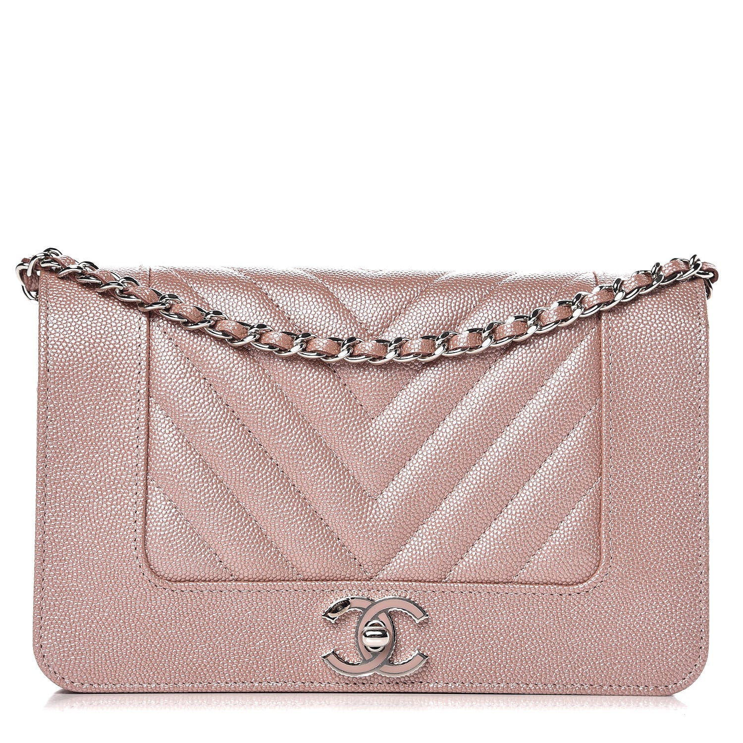Chanel Metallic Caviar Chevron Quilted Vintage Mademoiselle Wallet On Chain WOC Pink 1 of 9