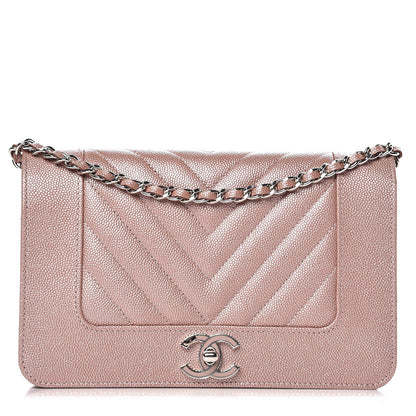Chanel Metallic Caviar Chevron Quilted Vintage Mademoiselle Wallet On Chain WOC Pink 1 of 9