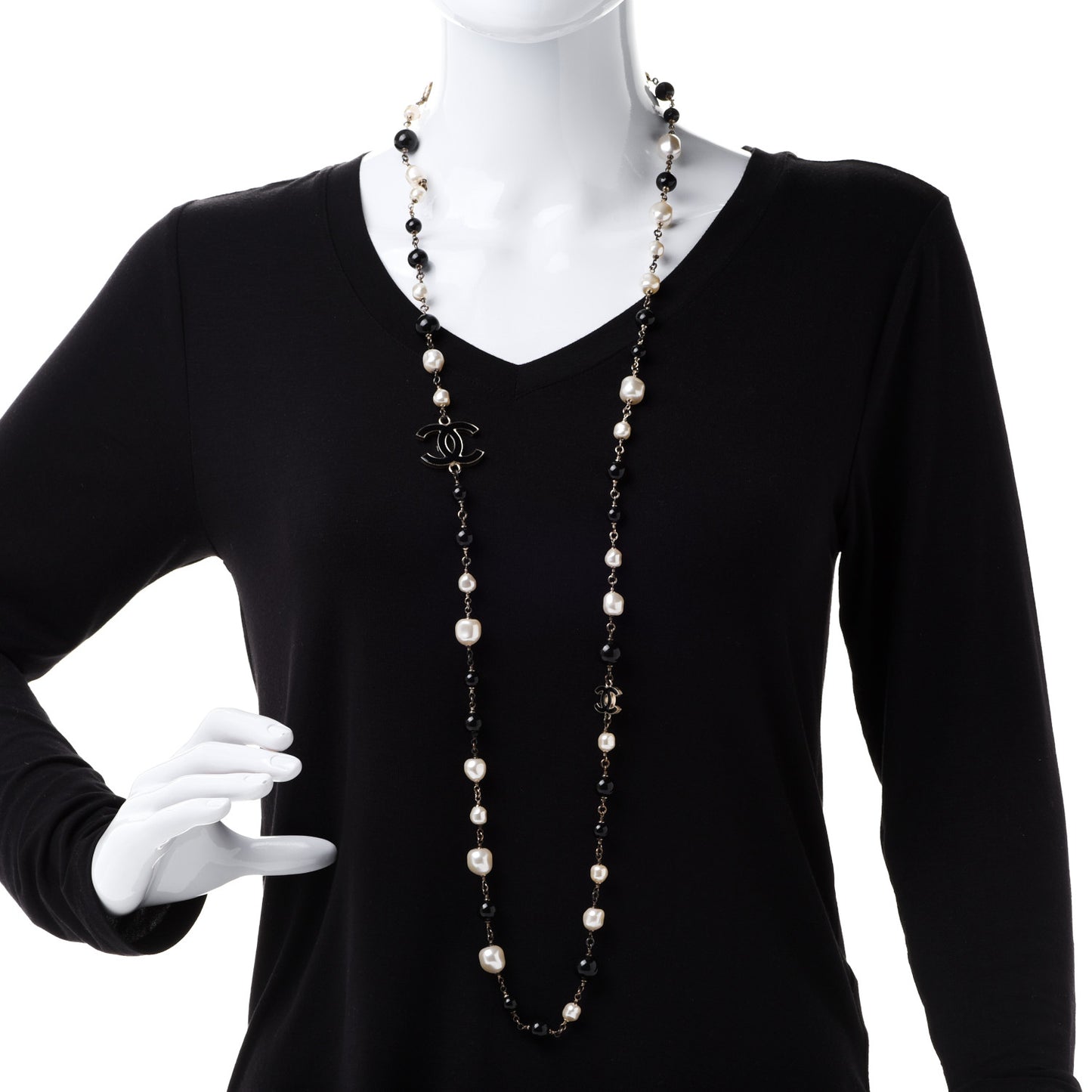 Pearl Bead Enamel CC Long Necklace Black Light Gold
