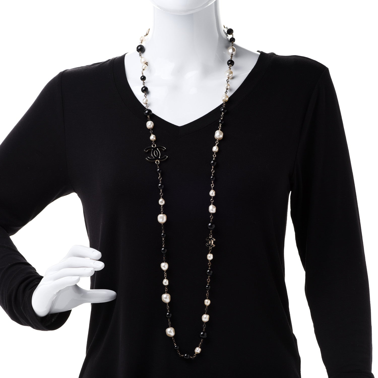 Chanel Pearl Bead Enamel CC Long Necklace Black Light Gold 2 of 6