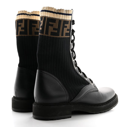 Fendi Calfskin Stretch Fabric Rockoko Biker Boots 37 Tobacco Black Marino 4 of 9