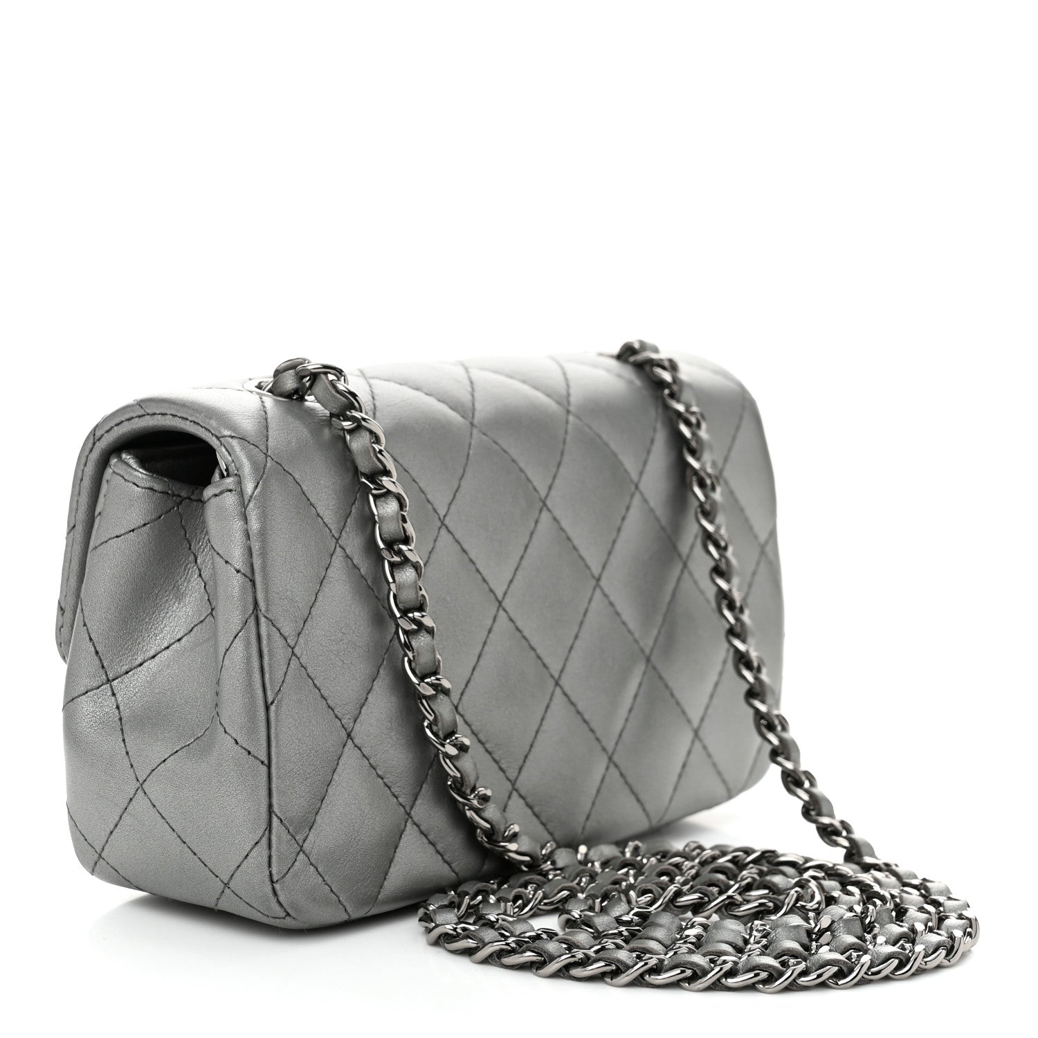 Chanel Metallic Lambskin Quilted Extra Mini Rectangular Flap Dark Silver 3 of 10