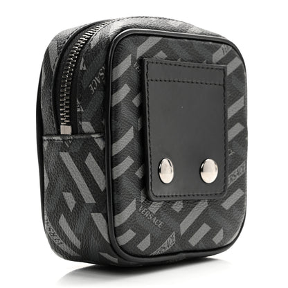 Versace Coated Canvas Calfskin La Greca Square Zip Pouch Black Gray 3 of 6