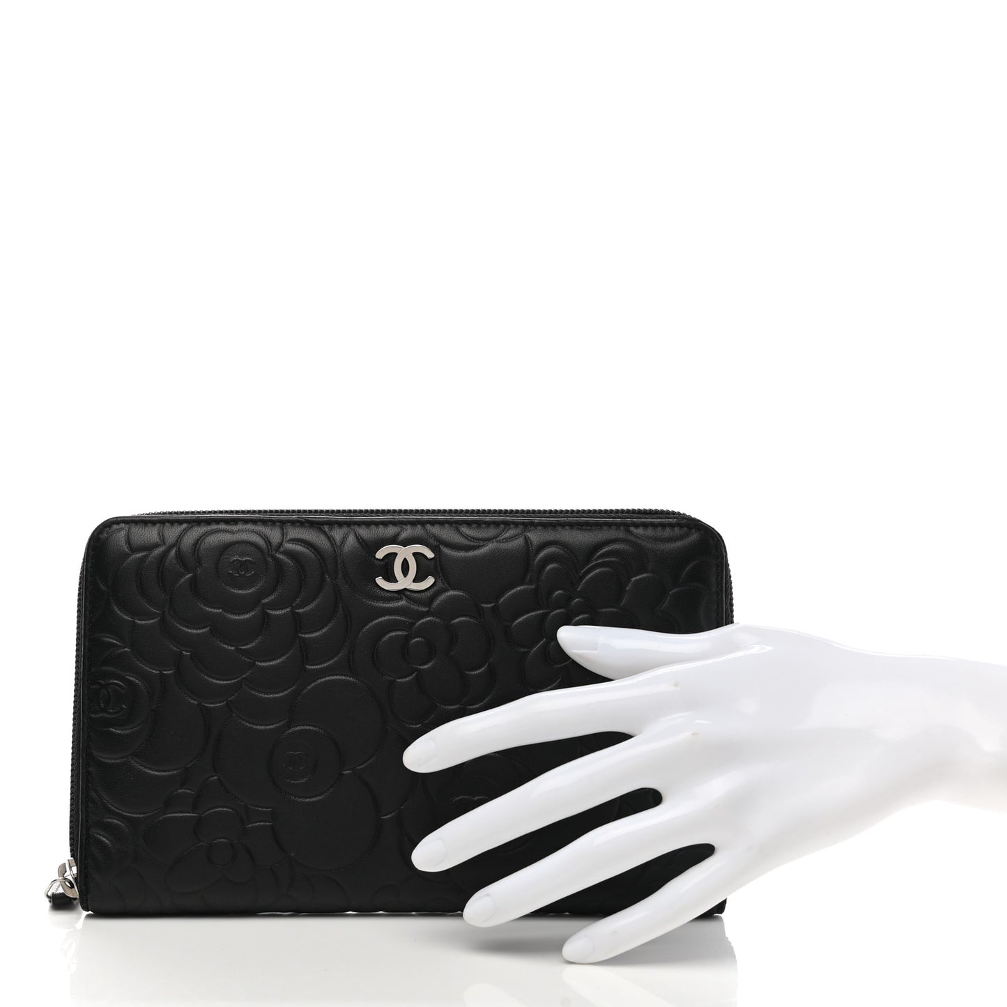 Lambskin Camellia Embossed Zip Around Organizer Wallet Black
