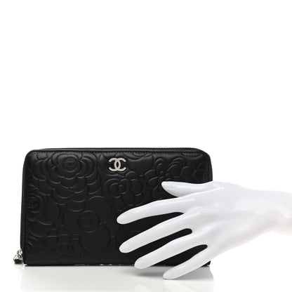 Chanel Lambskin Camellia Embossed Zip Around Organizer Wallet Black 2 of 14