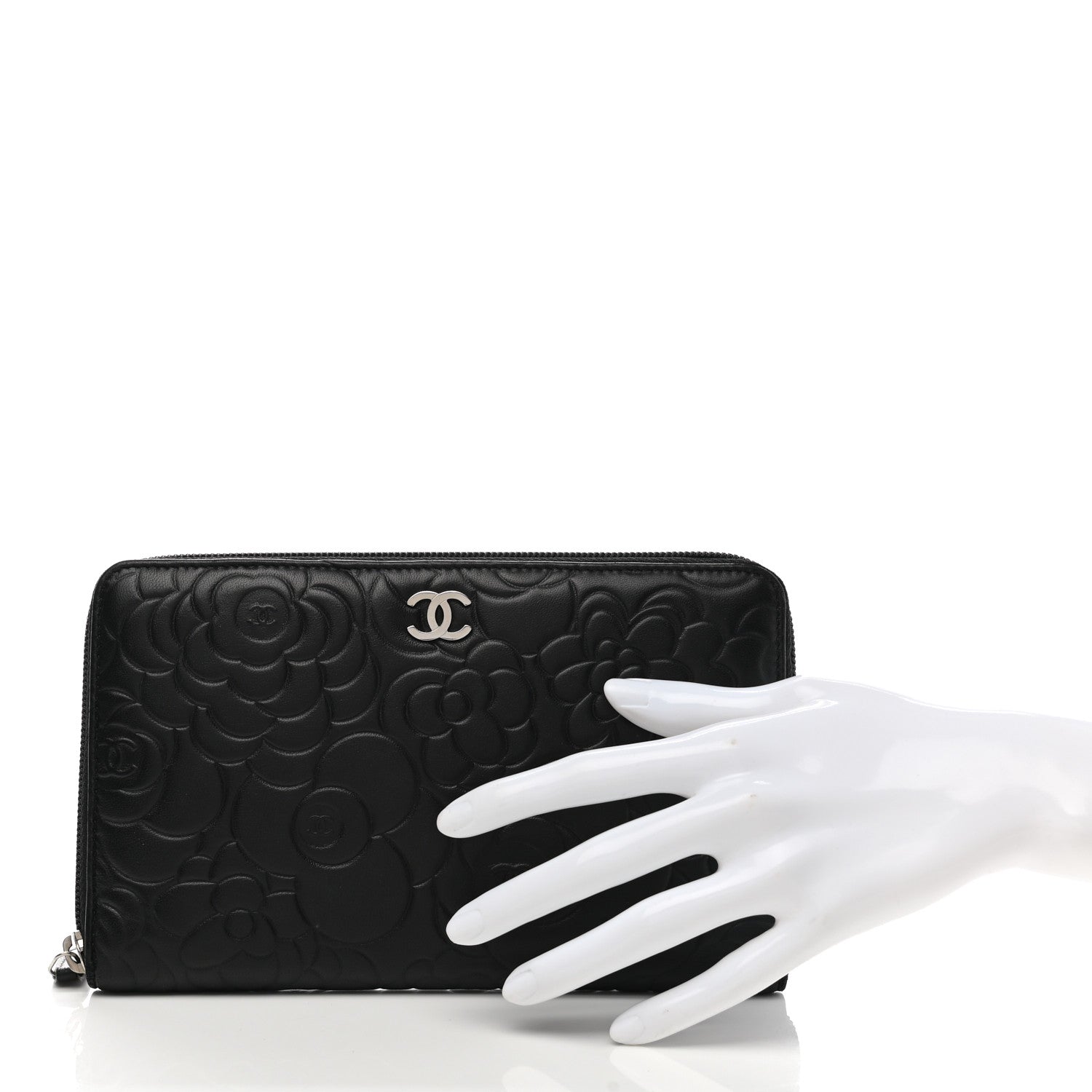 Chanel Lambskin Camellia Embossed Zip Around Organizer Wallet Black 2 of 14