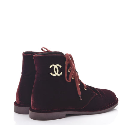 Chanel Velvet CC Lace Up Boots 39.5 Burgundy 4 of 9