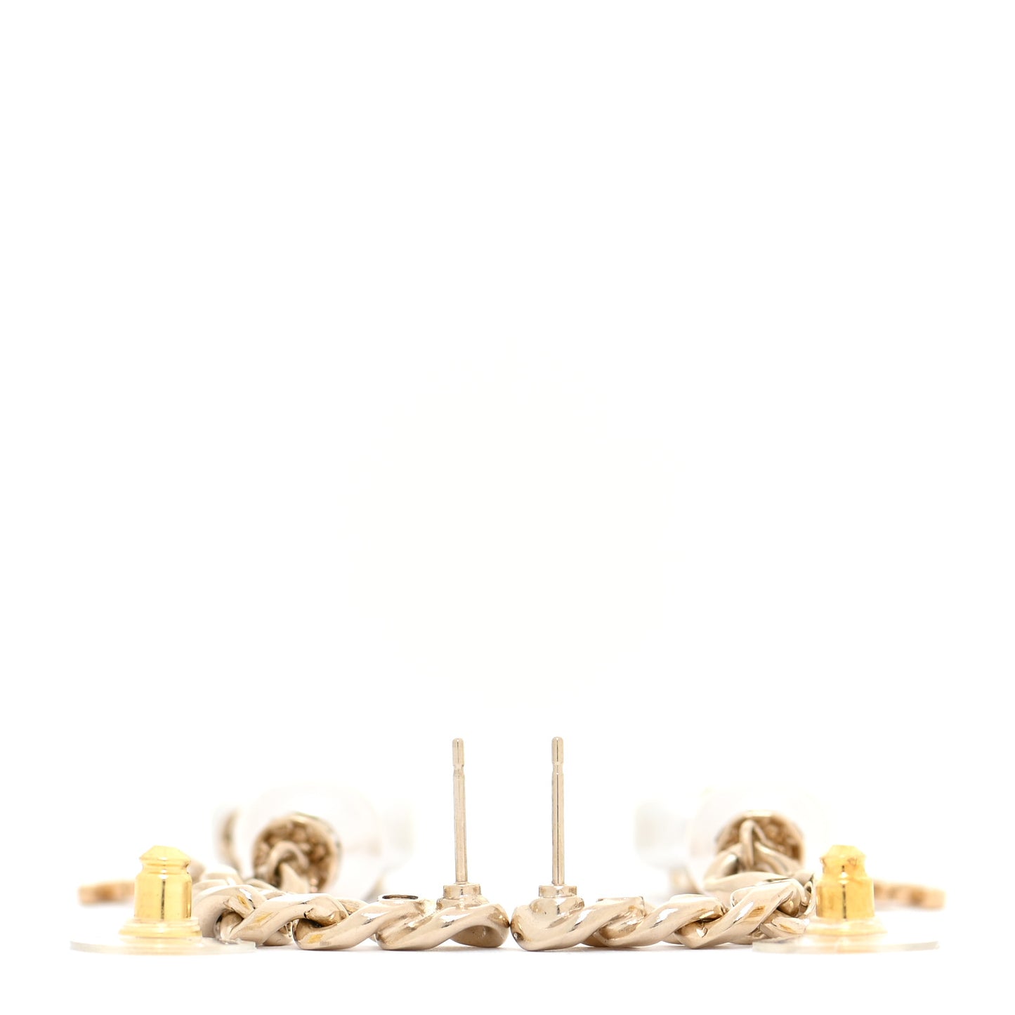 Pearl Resin Crystal CC No 5 Perfume Bottle Chain Drop Earrings Gold Pearly White