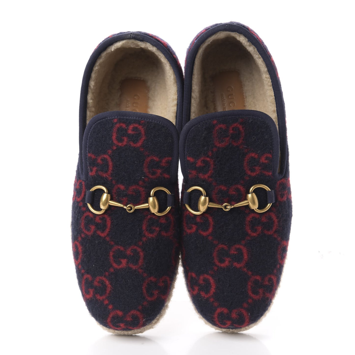 Covered Wool GG Monogram Womens Fria Horsebit Loafers 38 Blue Red Butterscotch