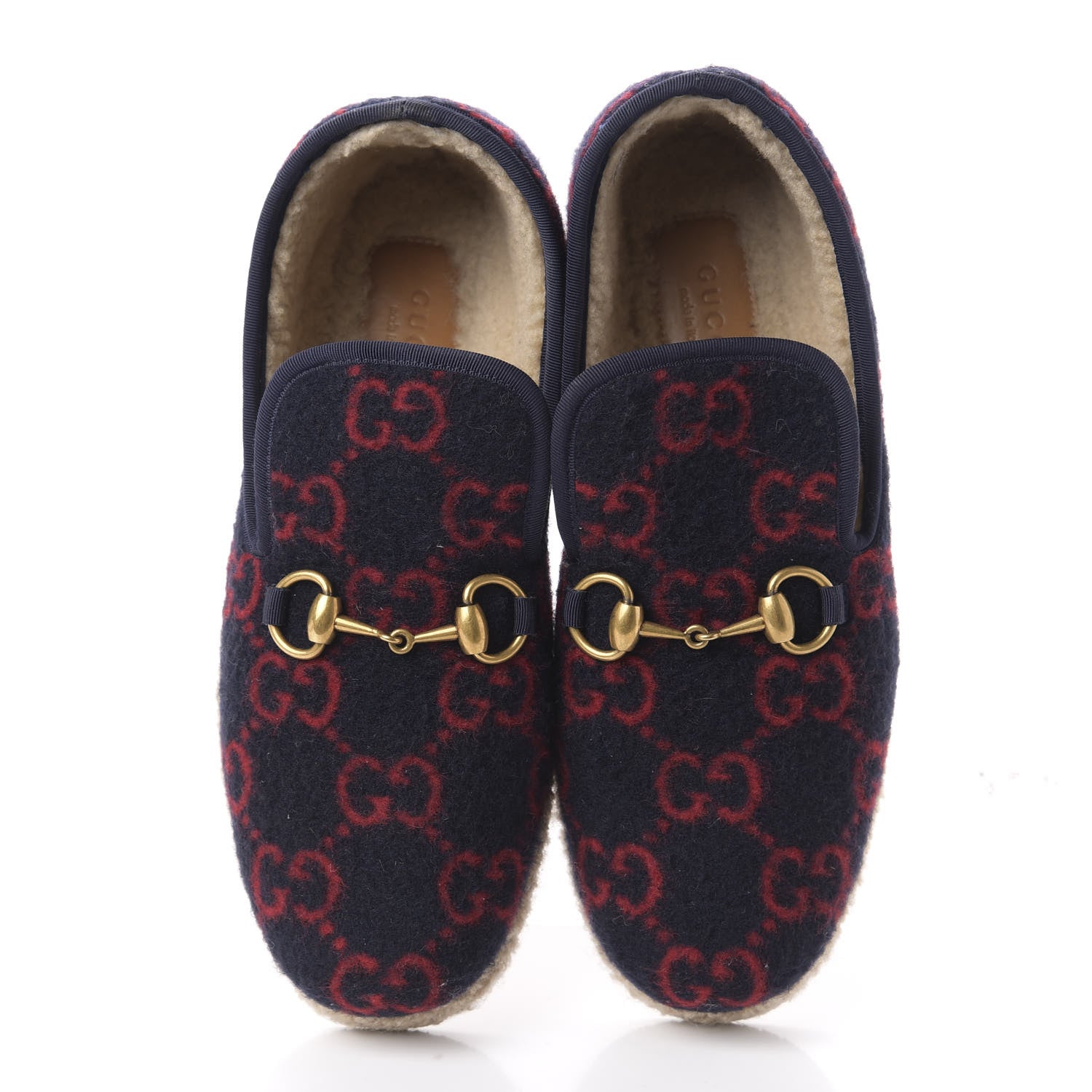 Gucci Covered Wool GG Monogram Womens Fria Horsebit Loafers 38 Blue Red Butterscotch 5 of 9