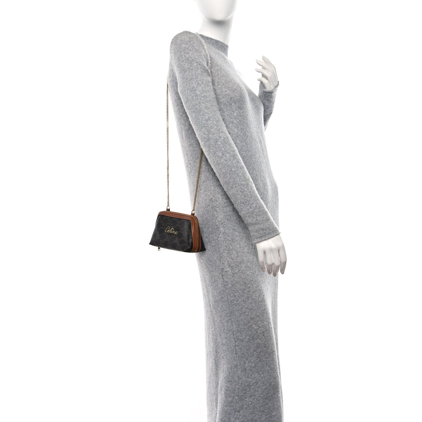 Lambskin Triomphe Canvas Embroidered Logo Clutch With Chain Tan