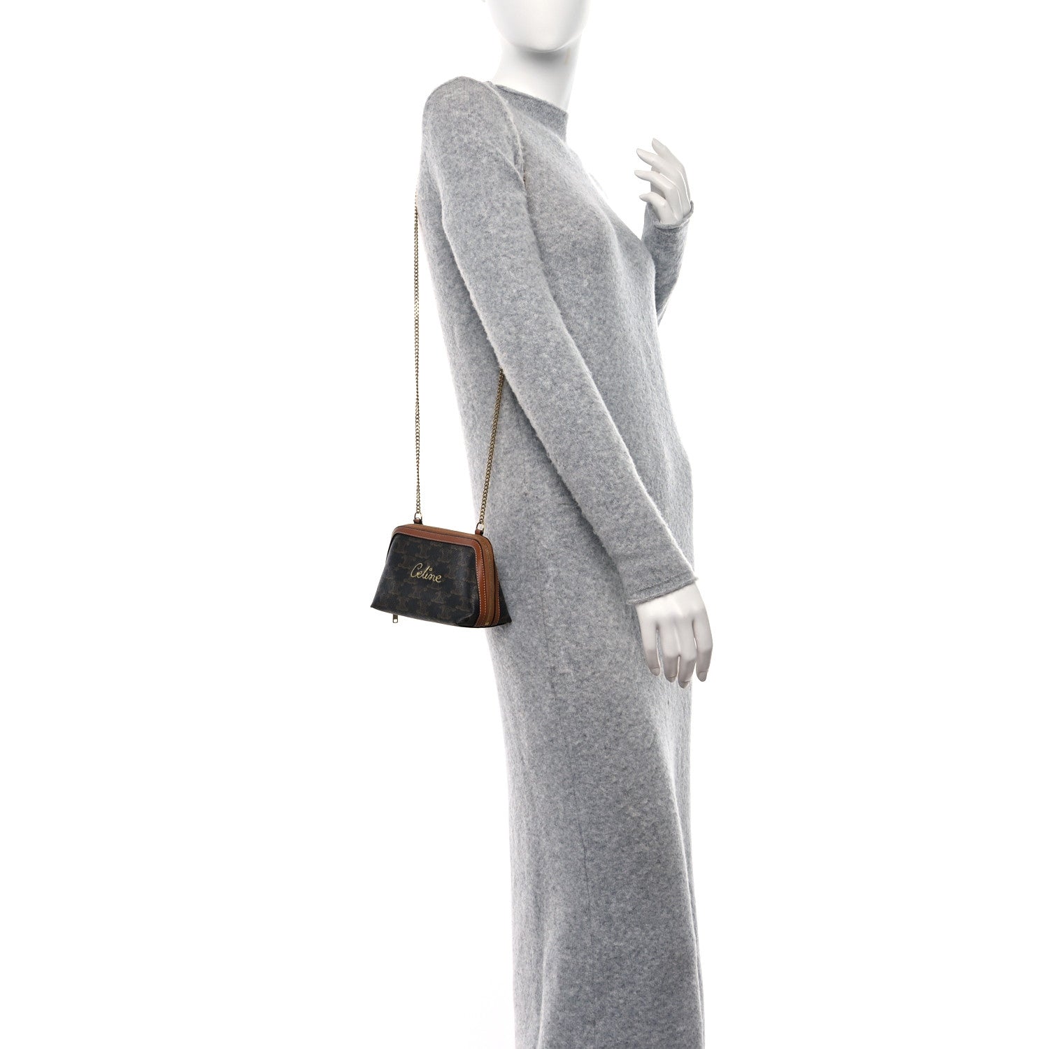 Celine Lambskin Triomphe Canvas Embroidered Logo Clutch With Chain Tan 2 of 10