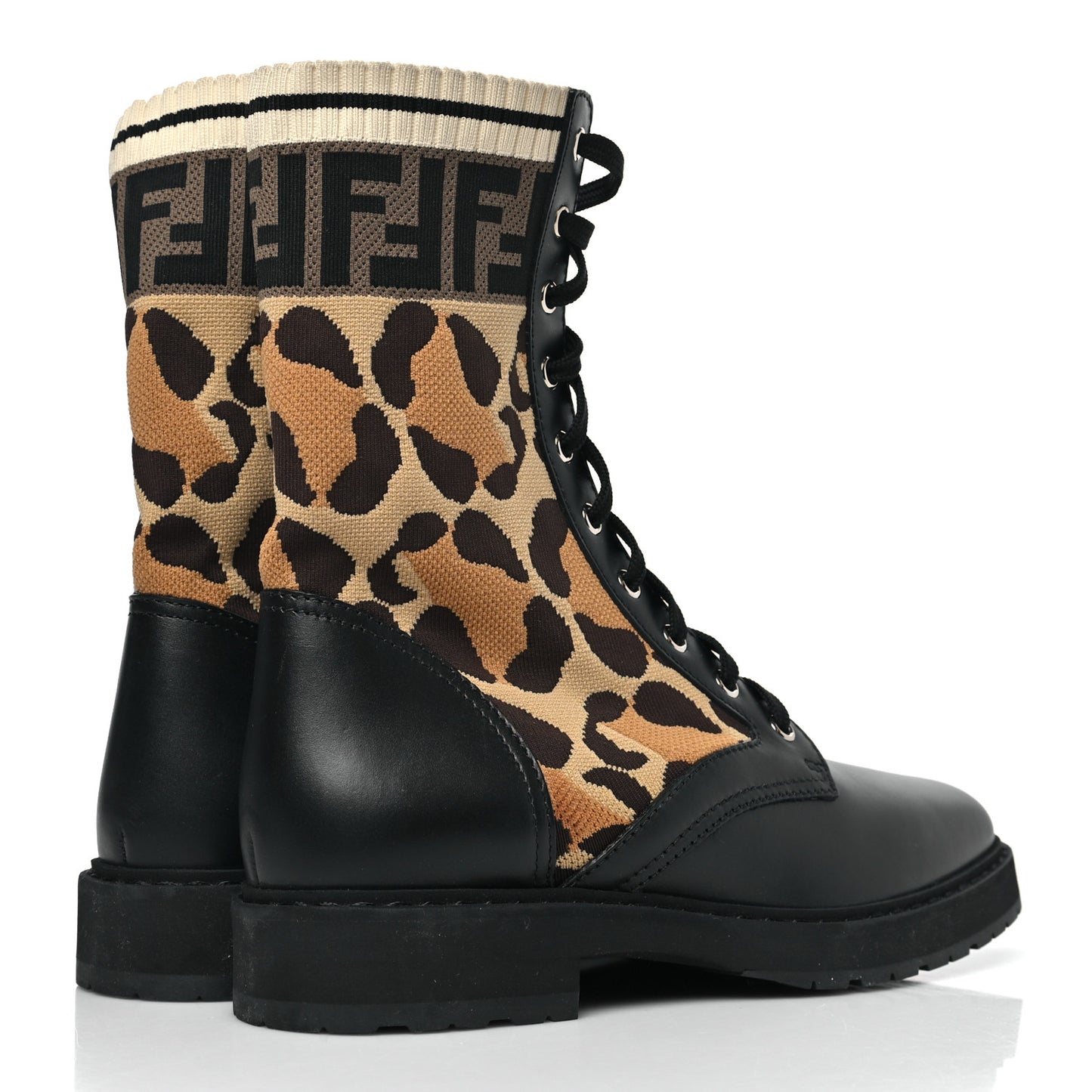 Calfskin Stretch Fabric FF Leopard Rockoko Biker Boots 39.5 Black