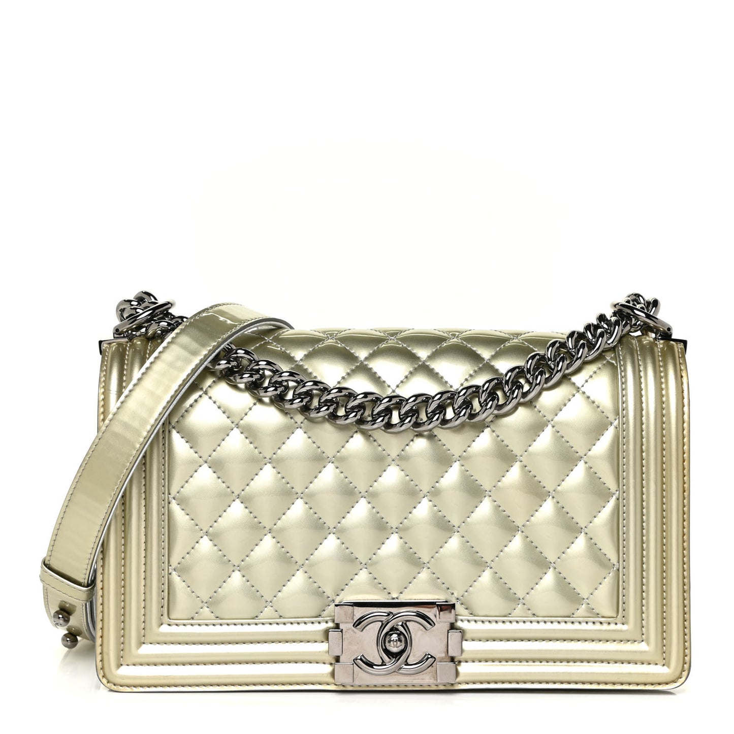 Metallic Patent Calfskin Quilted Medium Boy Flap Silver