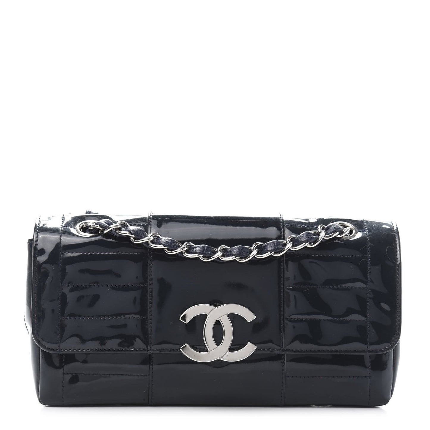 Patent Horizontal Quilted Medium Single Flap Dark Navy Blue