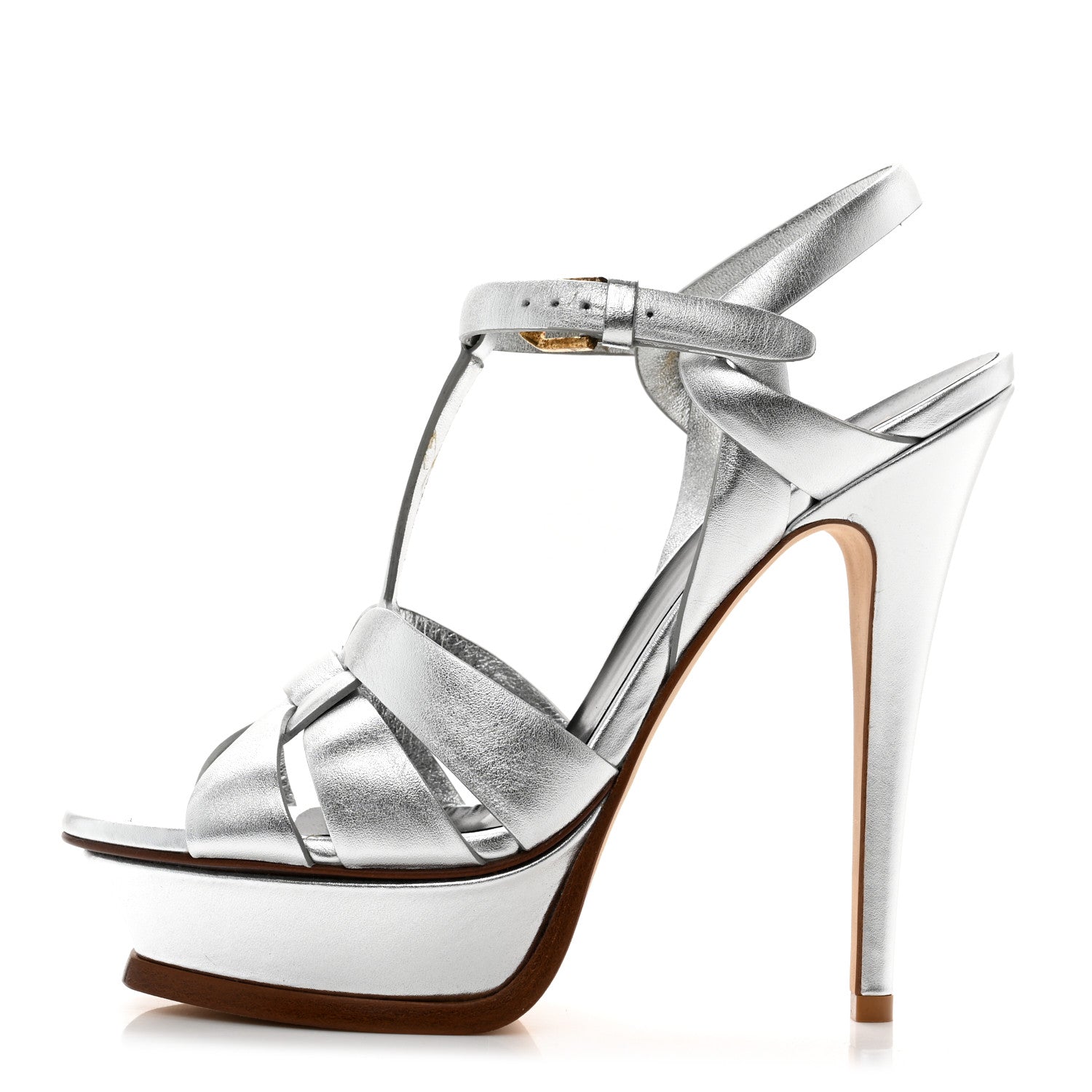 Saint Laurent Metallic Calfskin Tribute 105 Platform Sandals 37 Silver 1 of 7